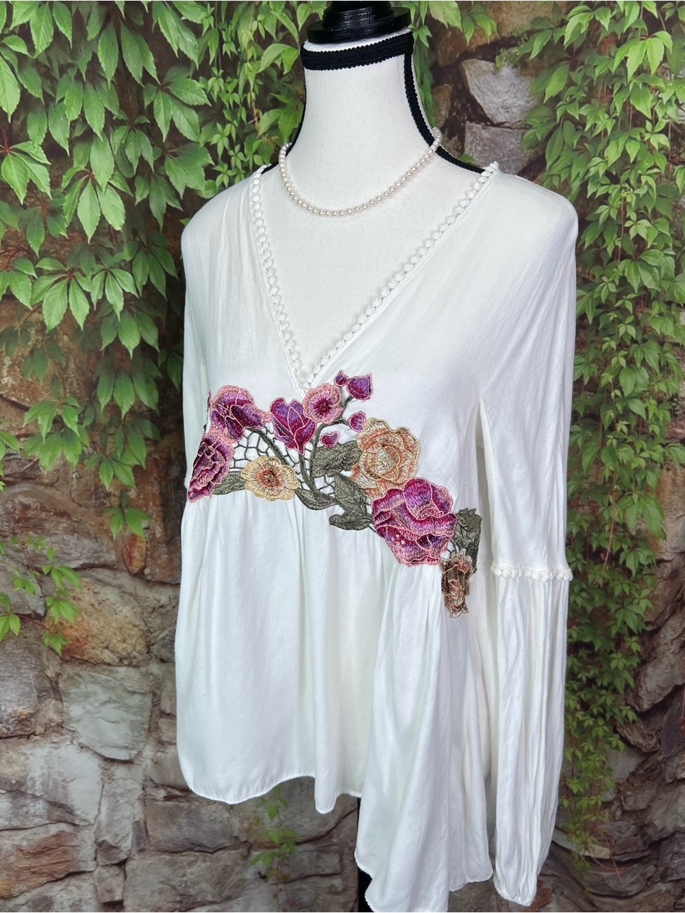 MAX STUDIO White Bohemian Embroidered Blouse, S - Picture 4 of 13